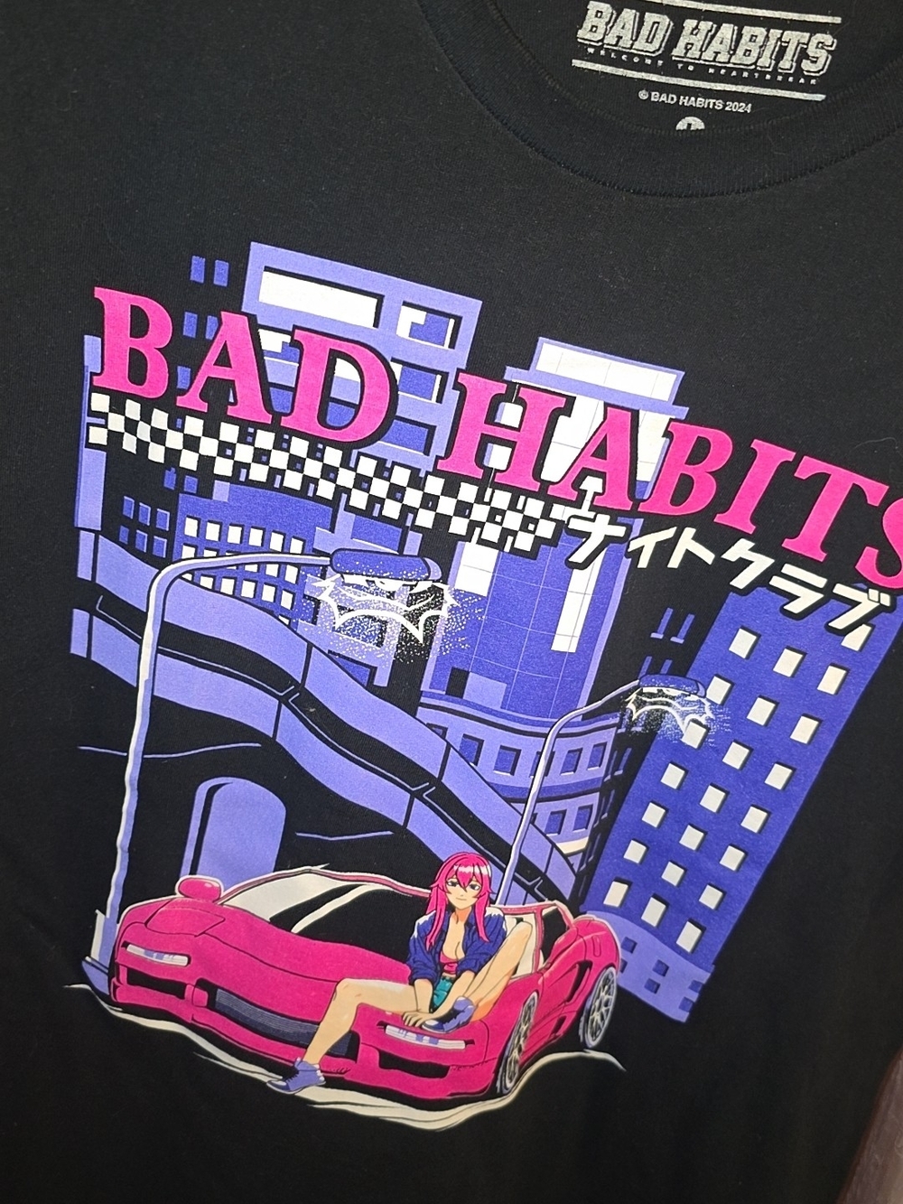 Bad Habits Black Graphic Tee with Pink & Purple Retro Car Art